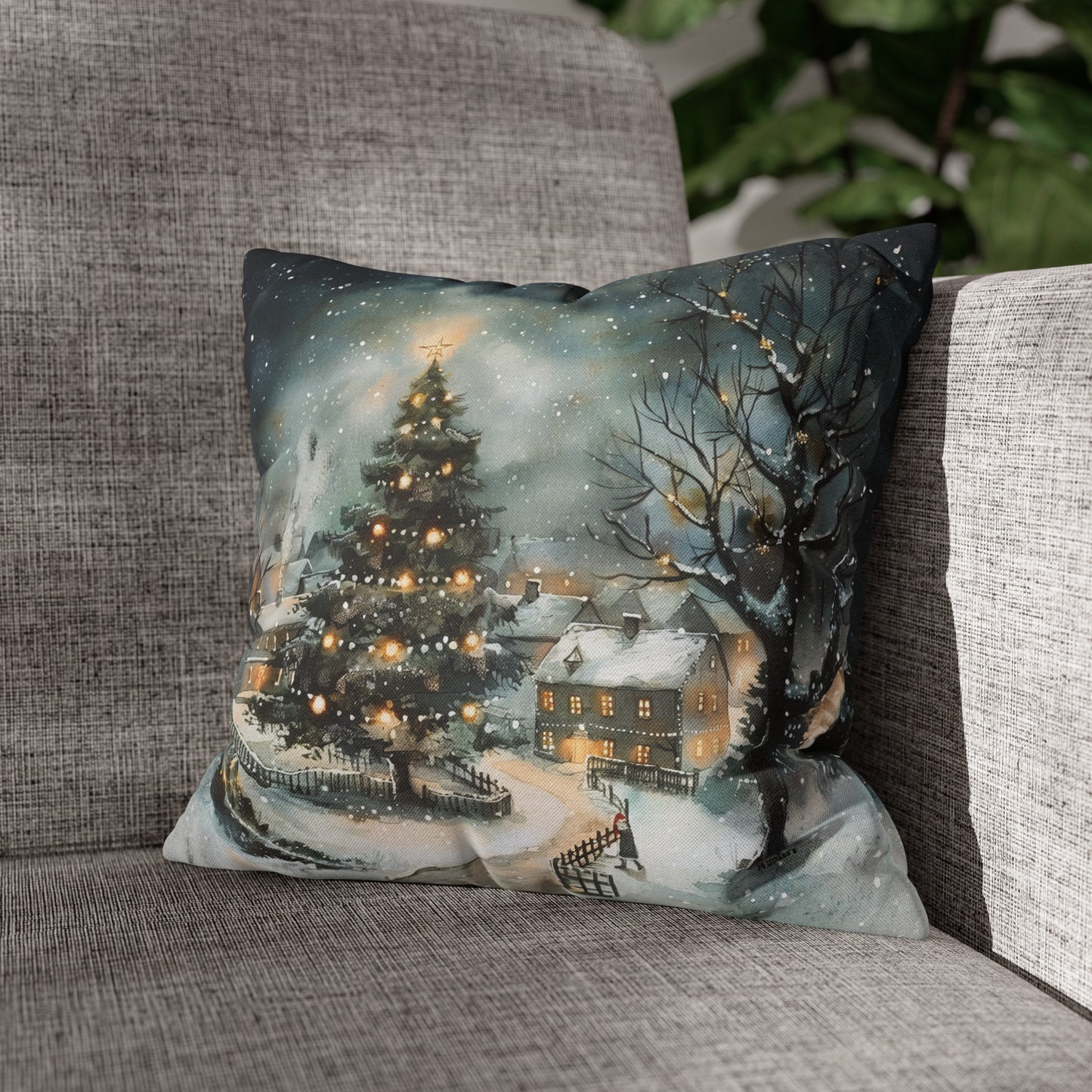 Winter Wonderland Glow: Christmas Tree Illuminating a Snowy Village Spun Polyester Square Pillowcase 4 Sizes