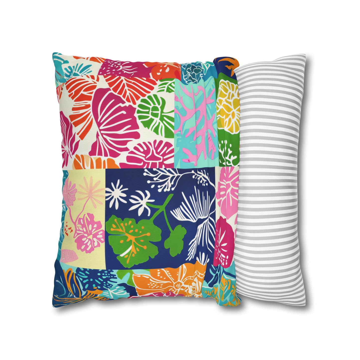 Vibrant Mosaic of Tropical Unique Shapes and Hues, from Vivid Oranges to Deep Blue Leaves and Flowers Spun Polyester Square Pillowcase 4 Sizes