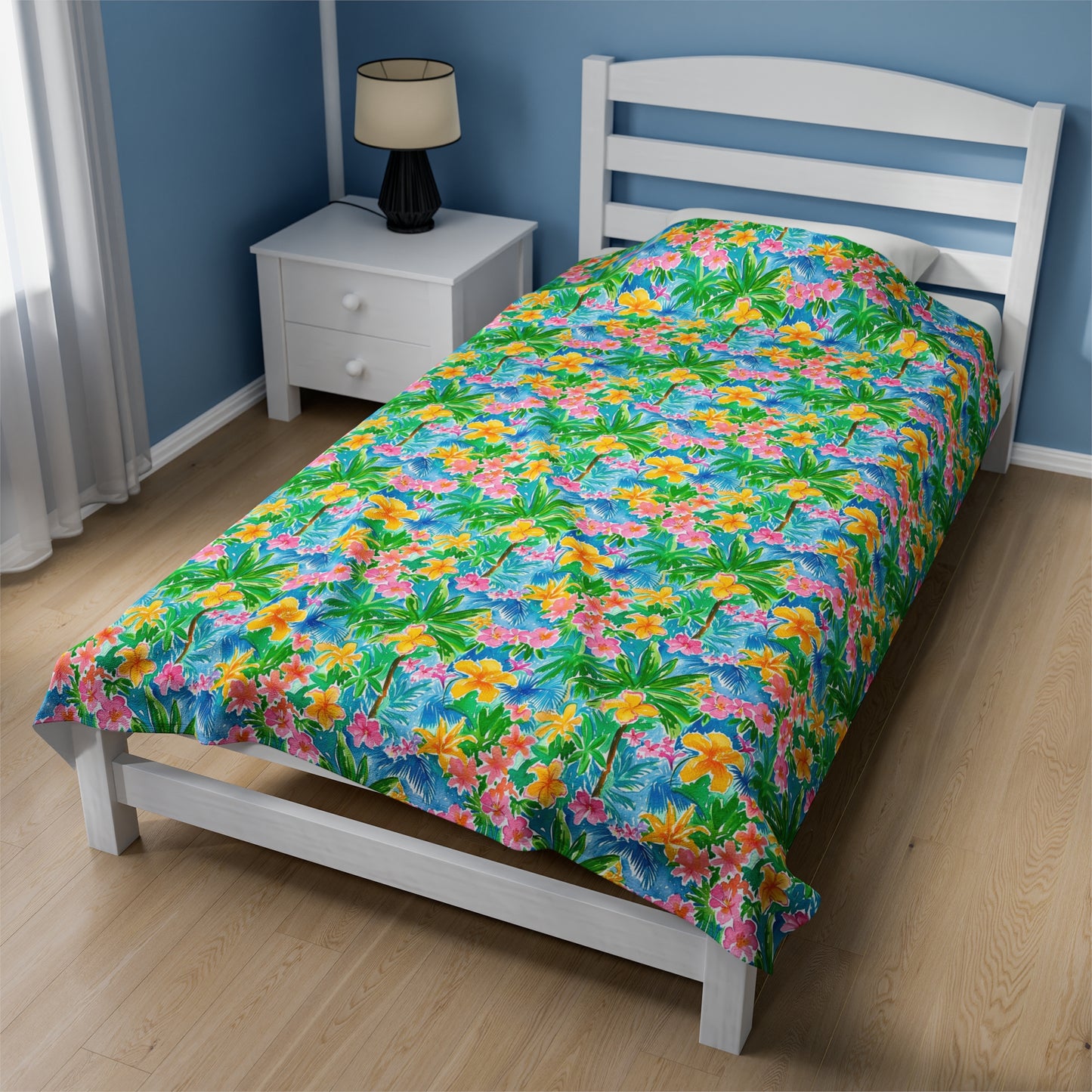 Tropical Harmony: Watercolor Yellow and Pink Hibiscus Flowers with Blue and Green Palm Leaves Velveteen Plush Blanket 3 Sizes