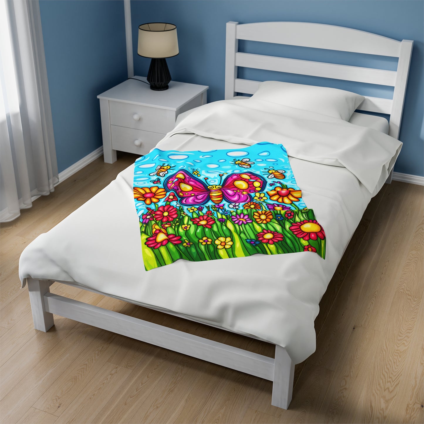 Butterfly Bliss with Bees and Blooming Flowers Velveteen Plush Blanket 3 Sizes