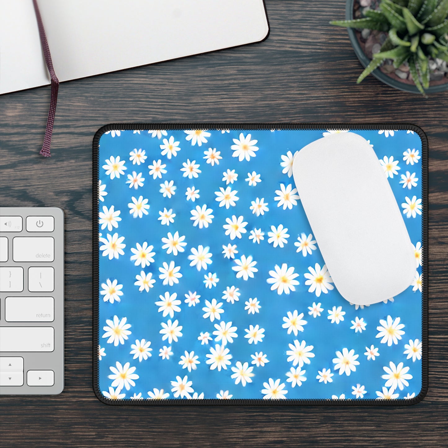 Skys Whisper: Tiny White Daisies on a Serene Blue Gaming Mouse Pad with Finished Edges