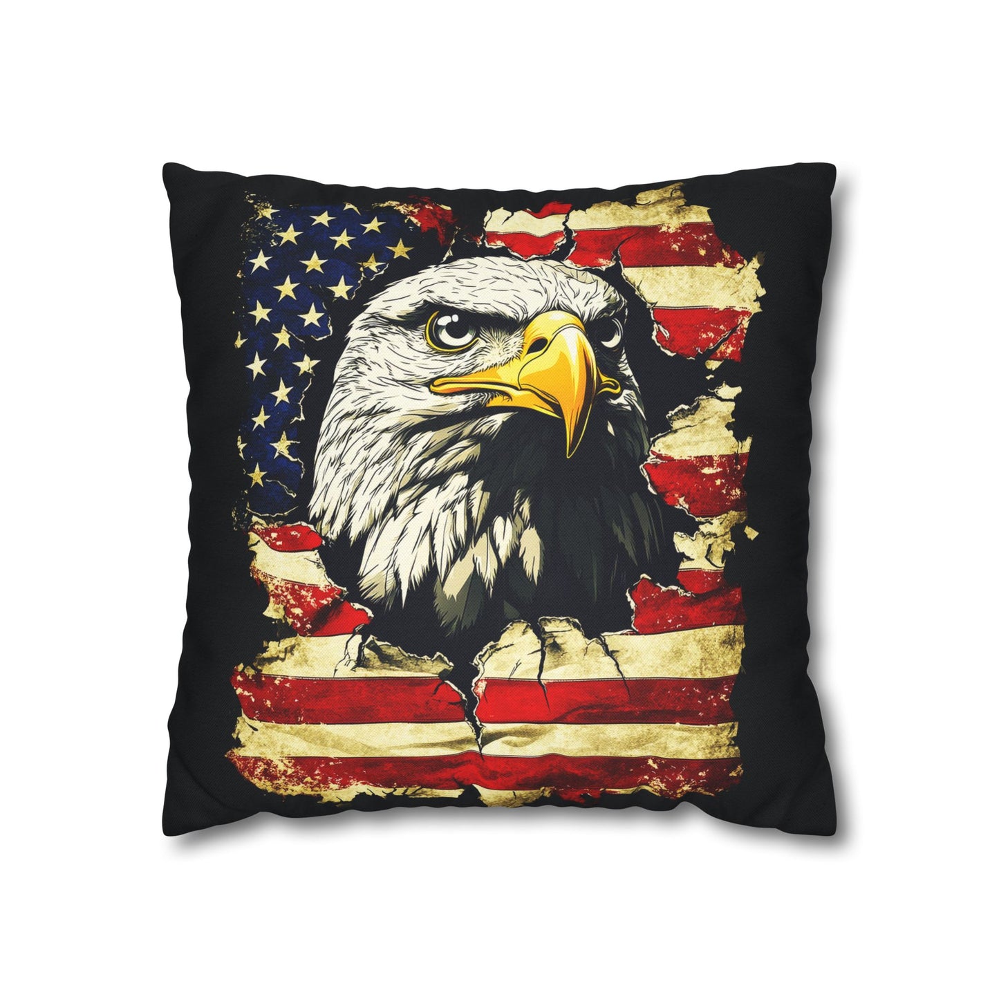 Bold Patriotism American Bald Eagle and Tattered American Flag Spun Polyester Square Pillowcase 4 Sizes