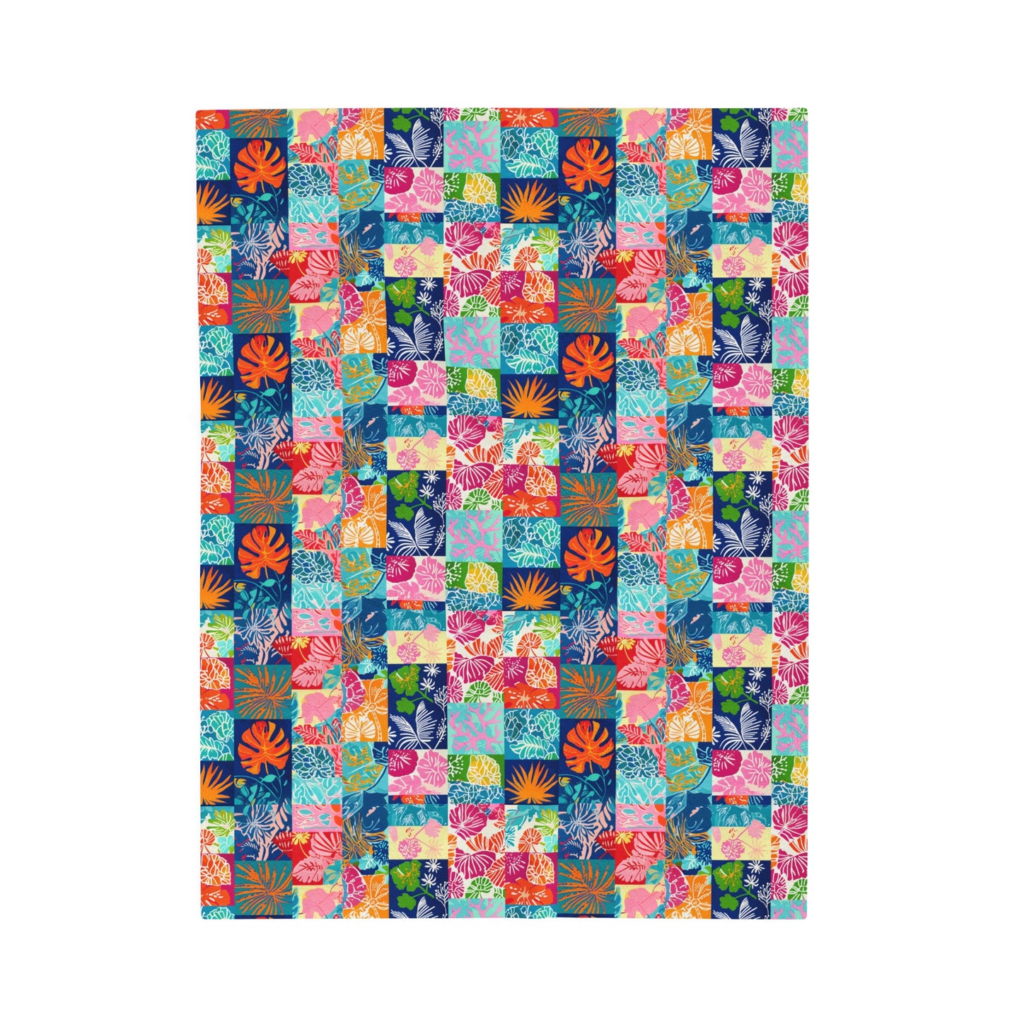 Vibrant Mosaic of Tropical Unique Shapes and Hues, from Vivid Oranges to Deep Blue Leaves and Flowers Velveteen Plush Blanket 3 Sizes