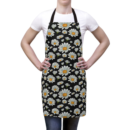 Large Watercolor Summer Daisies Blooming Against a Bold Black Background - Kitchen Chef Apron