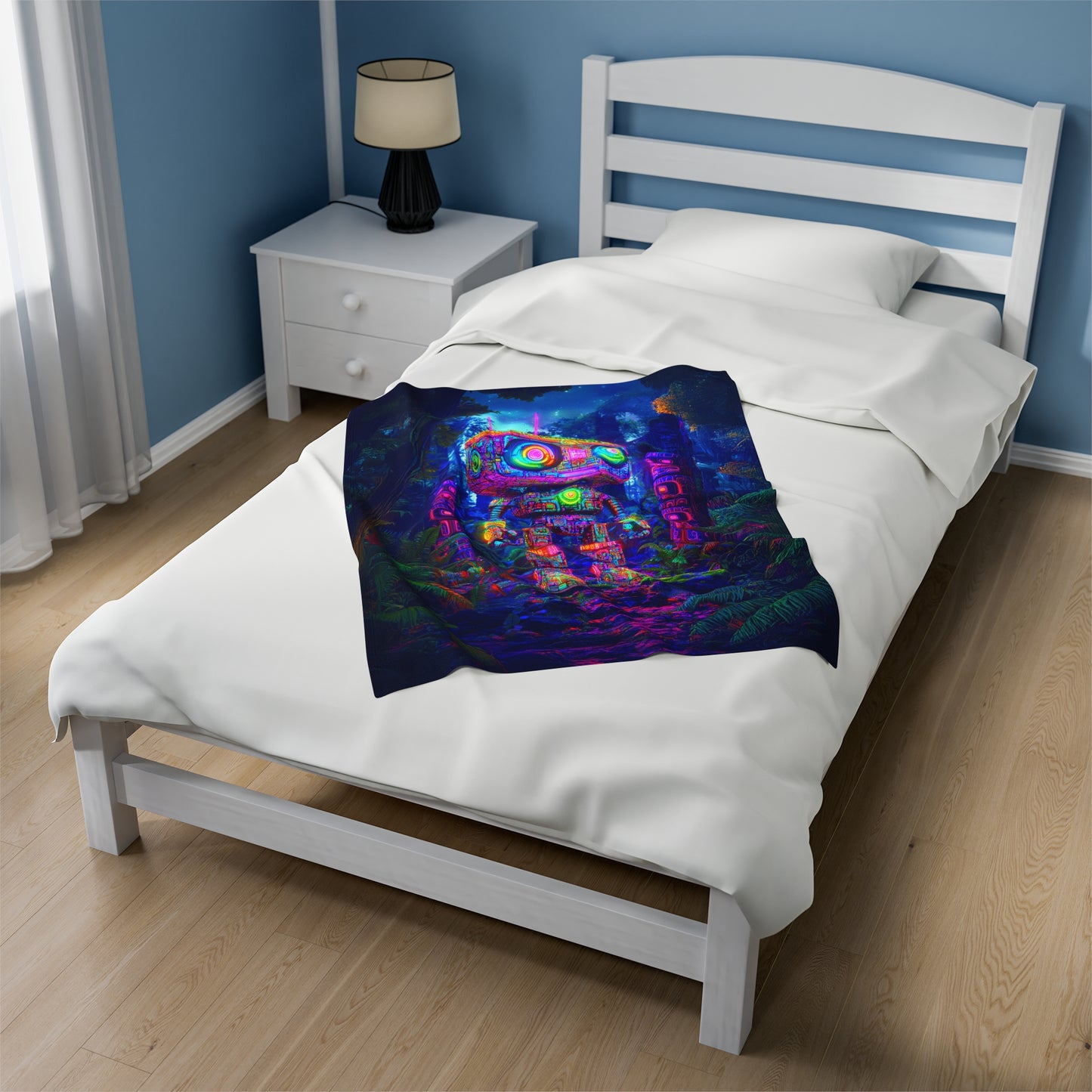 Vibrant Robotic Sentinel Amidst the Mystic Wilderness Velveteen Plush Blanket 3 Sizes