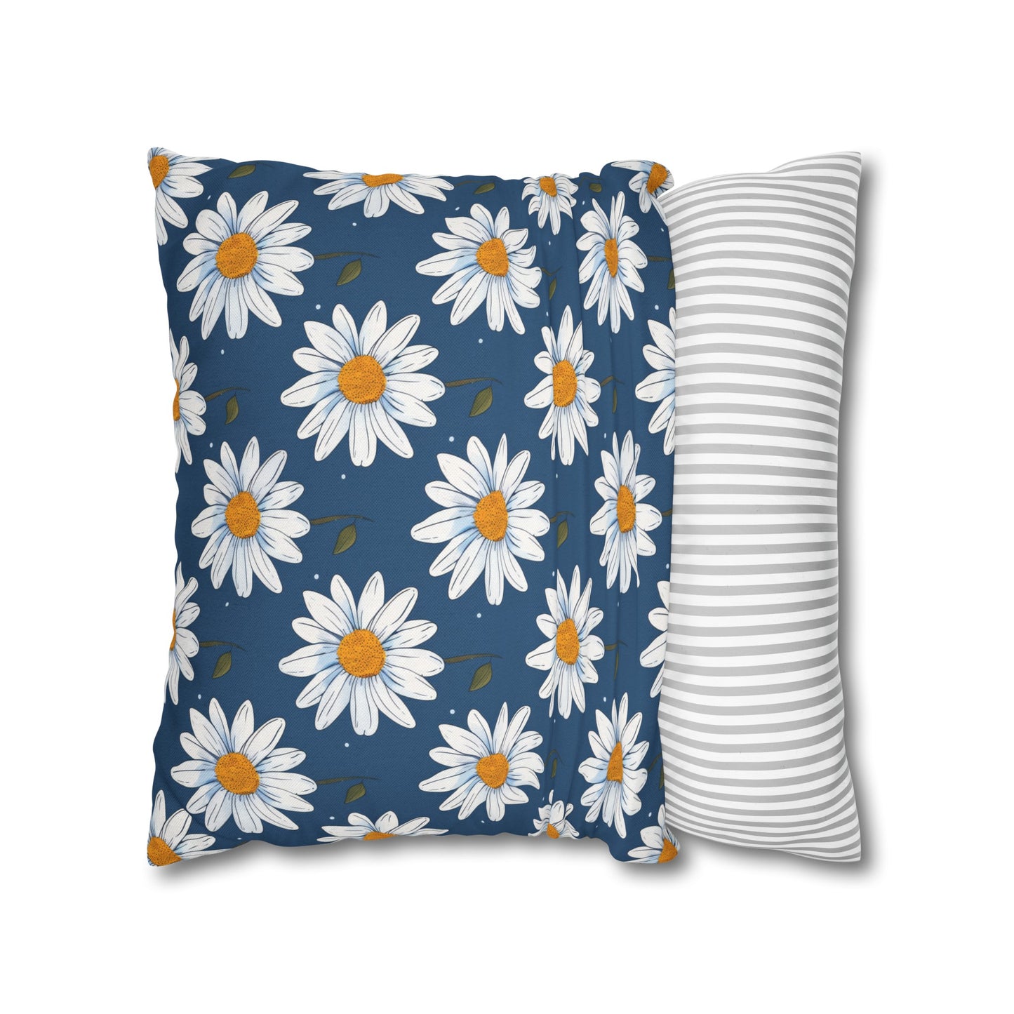 Elegant White Daisies on Navy Blue Background Spun Polyester Square Pillowcase 4 Sizes