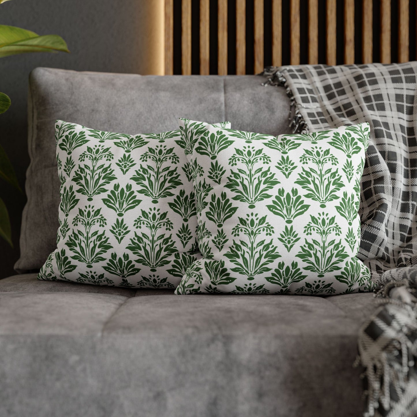 Green Floral Indian Block Print Pattern Spun Polyester Square Pillowcase 4 Sizes