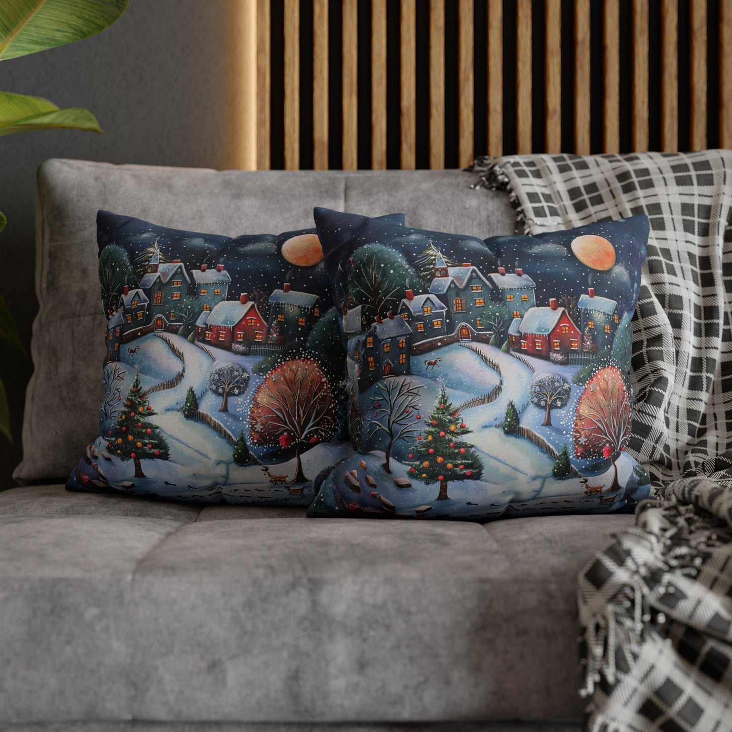 Snowy Serenade: Town at Winter Night with Reindeer Amidst the Snow  Spun Polyester Square Pillowcase 4 Sizes