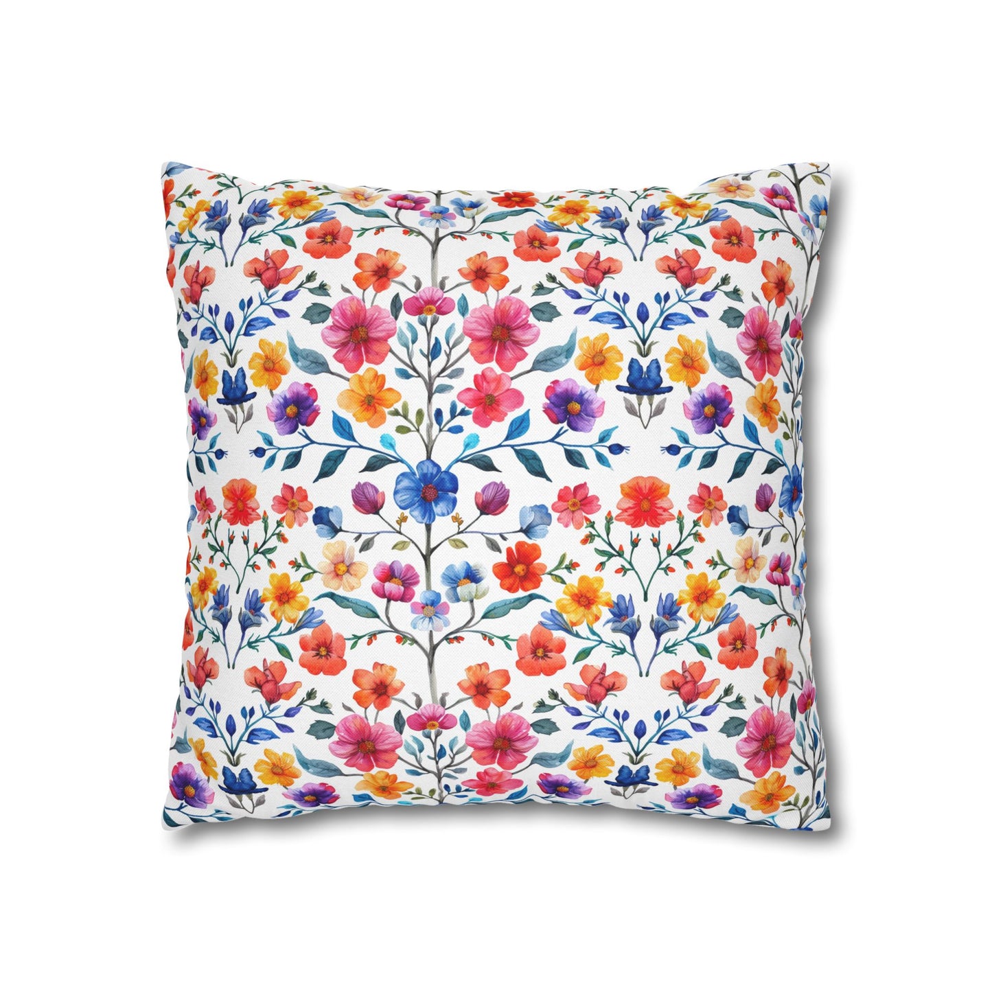 Botanical Symphony with Vibrant Watercolor Flowers  Spun Polyester Square Pillowcase 4 Sizes