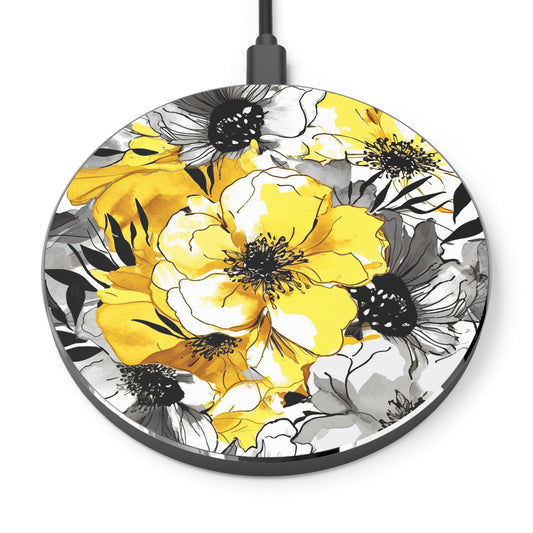 Soothing Radiance: Large Yellow and Grey Watercolor Flower Design - Wireless Cell Phone 10W Charger