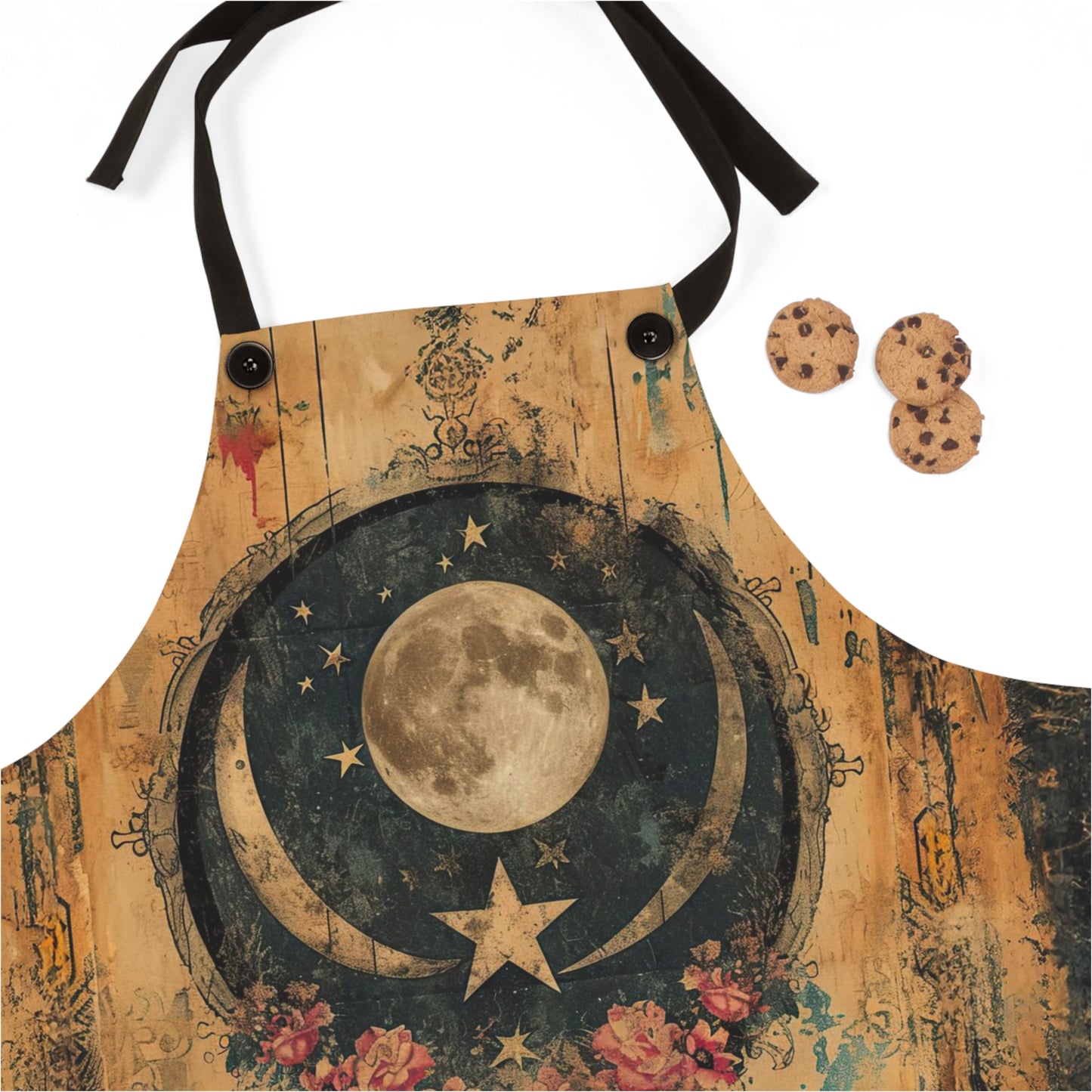 Mystical Vintage Celestial Full Moon Stars and Flowers Kitchen Chef Apron