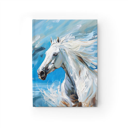 Majestic White Stallion Galloping Along the Ocean's Edge Hard Cover Journal - Ruled Line