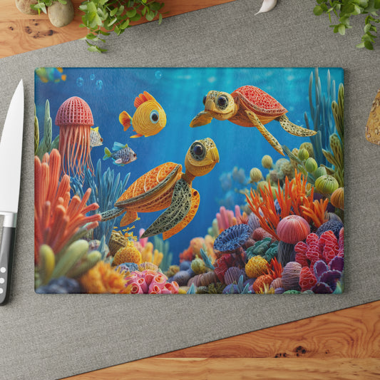 Baby Sea Turtles in Deep Sea Ocean in 3D Glass Cutting Board, Charcuterie Serving Tray 2 Sizes