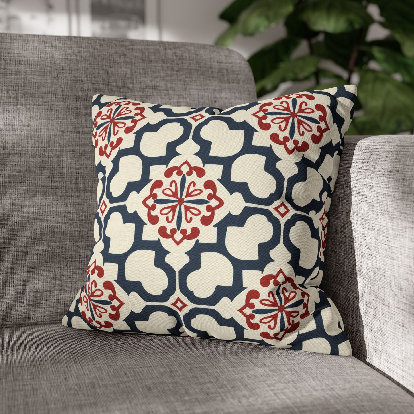 Traditional Korean Elegance in Bold Red and Navy Geometric Tile Pattern Spun Polyester Square Pillowcase 4 Sizes