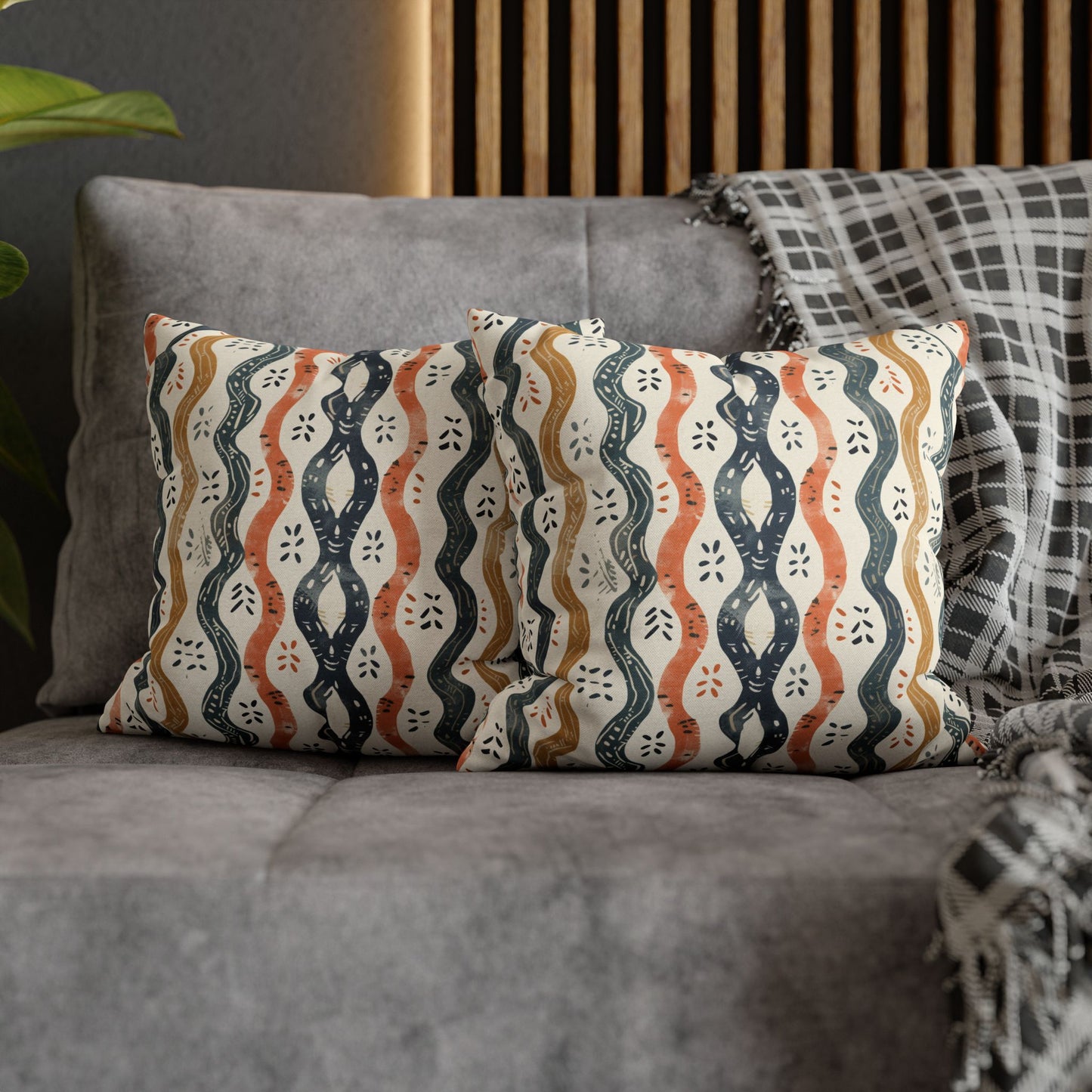 Boho Waves with Earthy Blues Reds and Browns Spun Polyester Square Pillowcase 4 Sizes