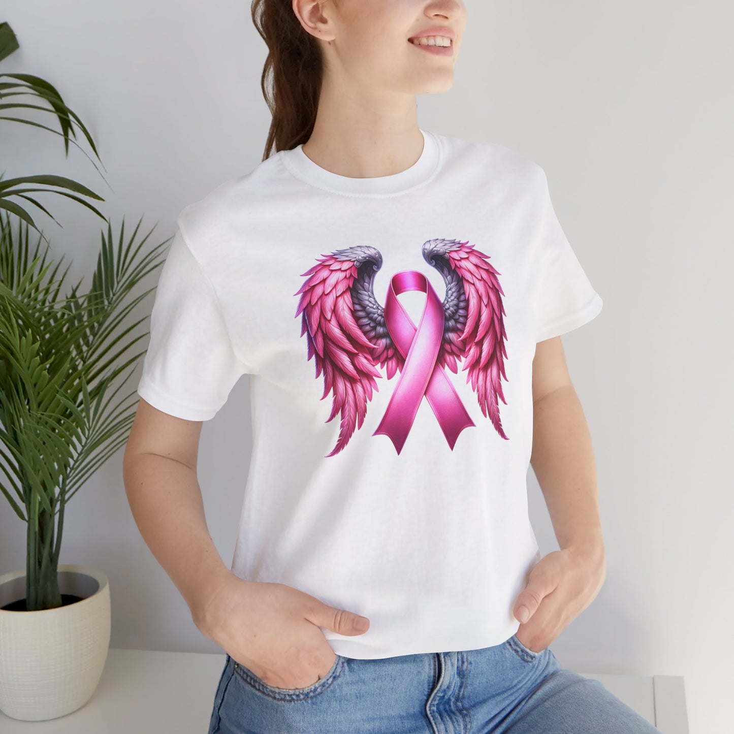 Pink Ribbon Angel Wings Breast Cancer Survivor Jersey Short Sleeve T-shirt