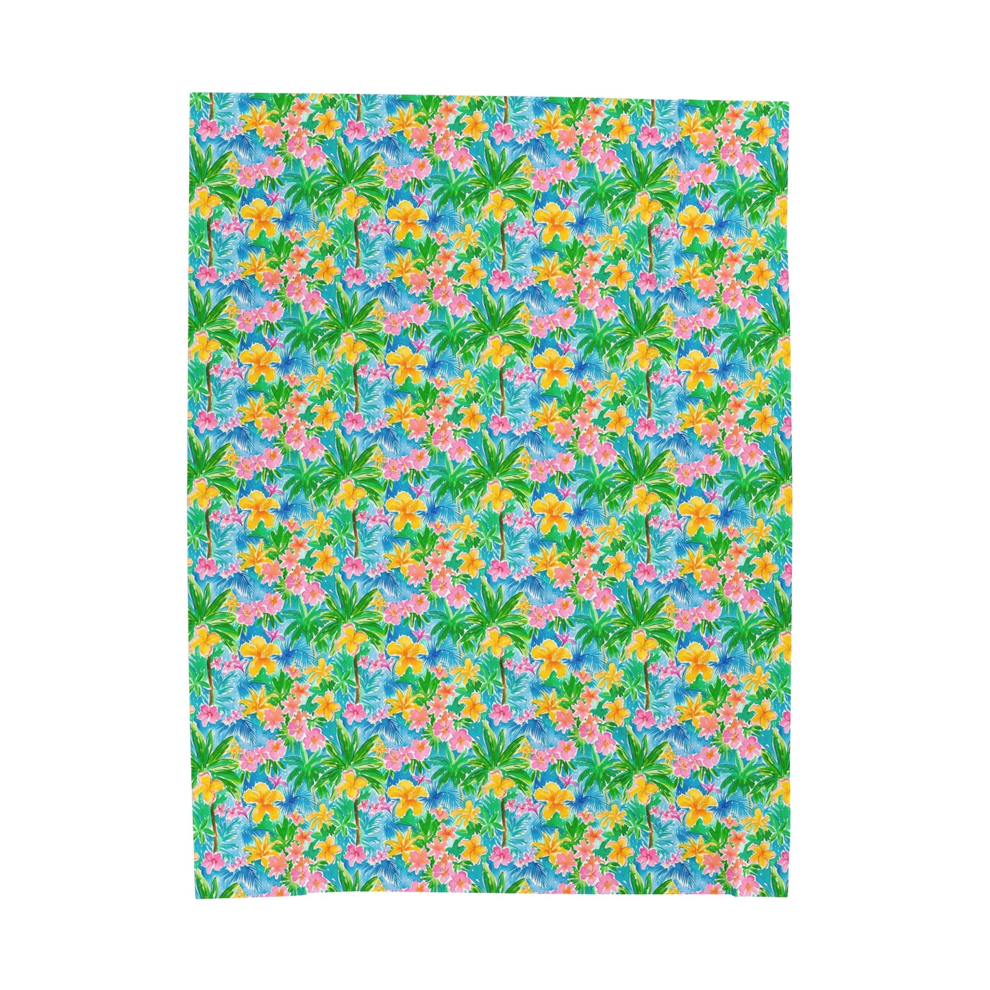 Tropical Harmony: Watercolor Yellow and Pink Hibiscus Flowers with Blue and Green Palm Leaves Velveteen Plush Blanket 3 Sizes