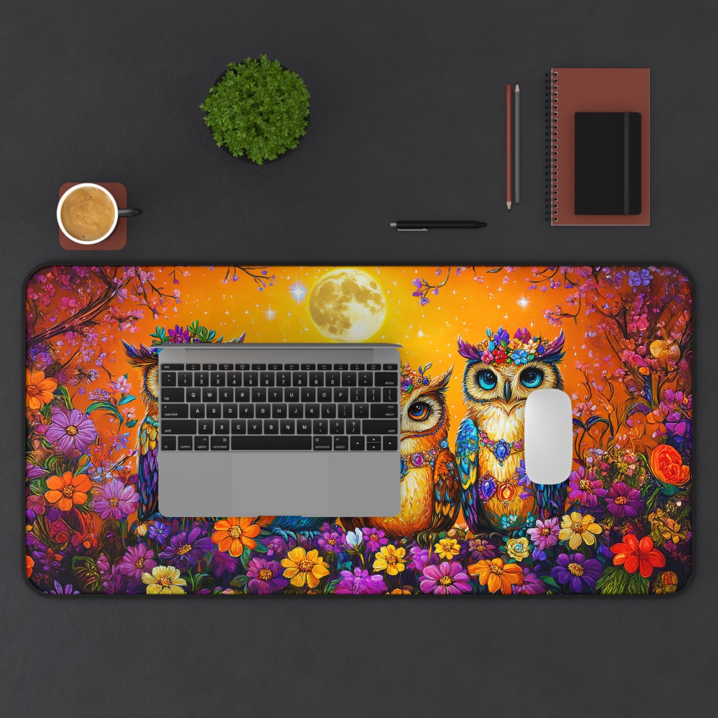 Enchanted Owls Adorned with Floral Crowns Under a Starry Sky Extended Gaming Mouse Pad  Desk Mat  - 3 Sizes