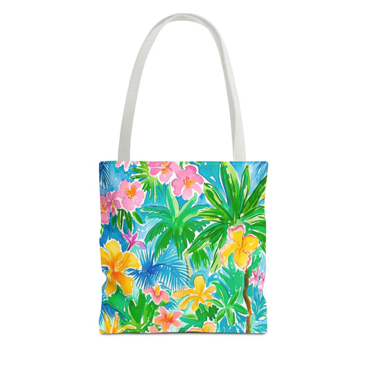 Tropical Harmony: Watercolor Yellow and Pink Hibiscus Flowers with Blue and Green Palm Leaves Canvas Tote Bag 3 Sizes