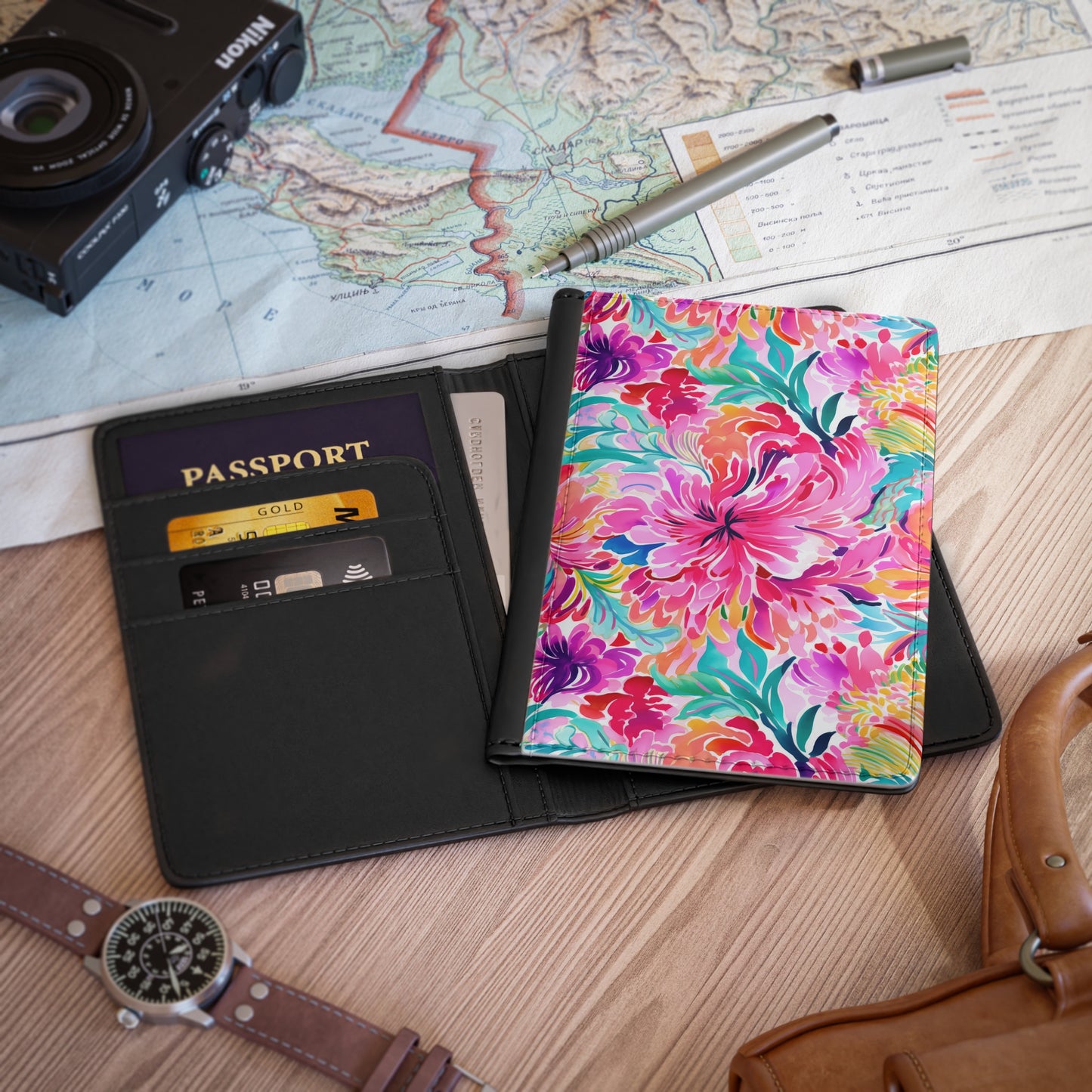 Rainbow Tropics: Watercolor Flowers in Vibrant Pink, Green and Orange Hues - Passport Cover Faux Leather RFID Blocking