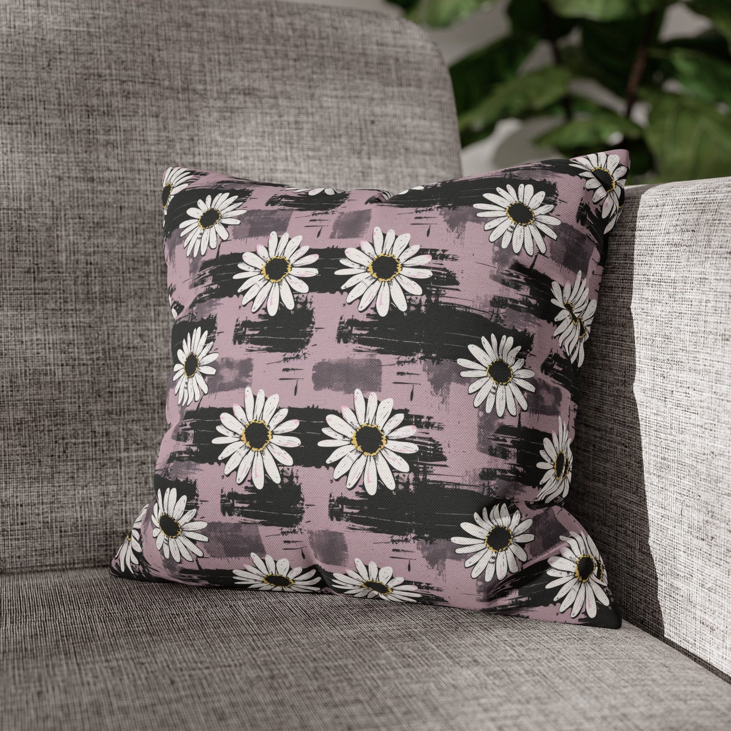 Edgy Daisy Dream with Pink and Black Grunge Spun Polyester Square Pillowcase 4 Sizes