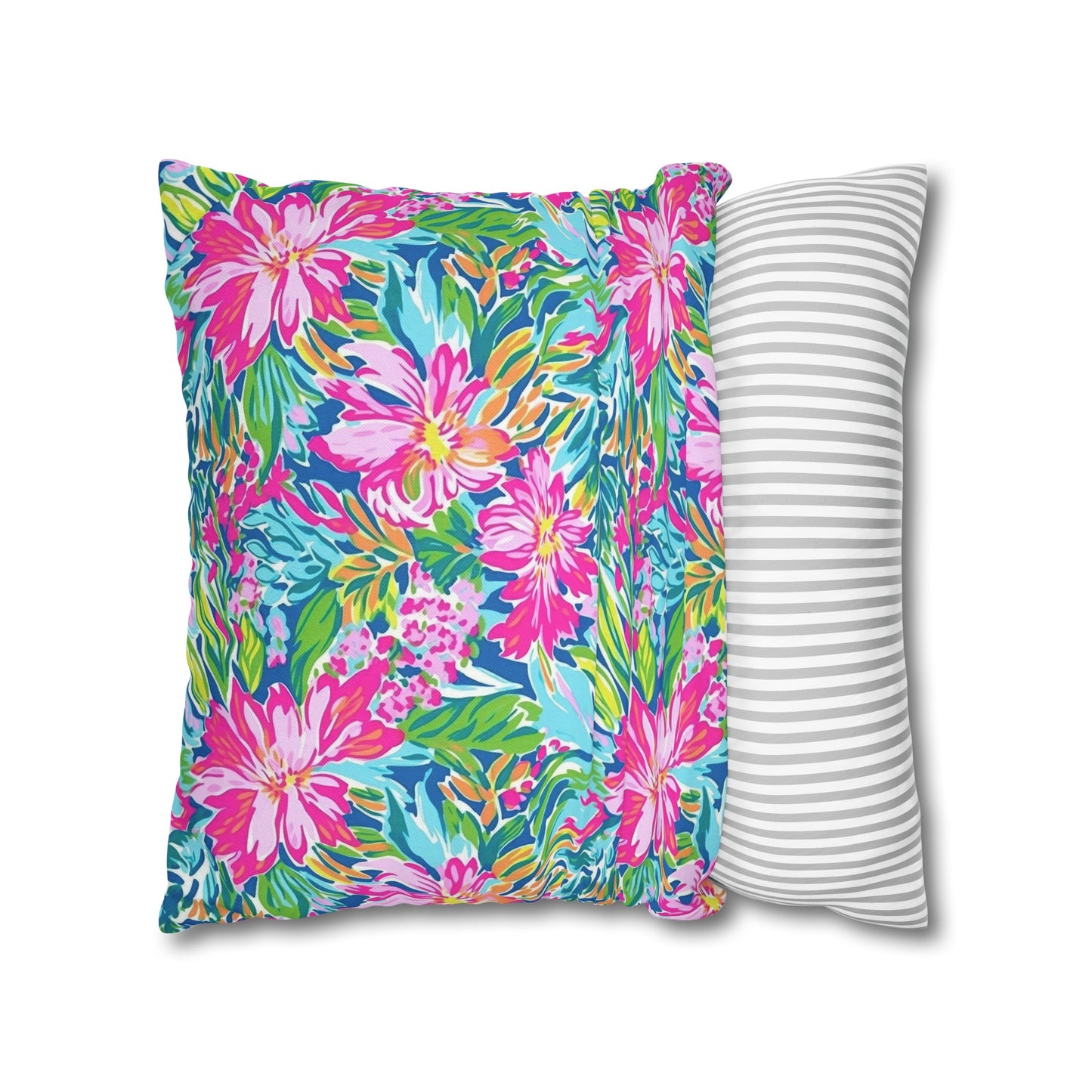 Sunlit Symphony: Large Blooms of Pink, Blue, and Green in Watercolor Spun Polyester Square Pillowcase 4 Sizes