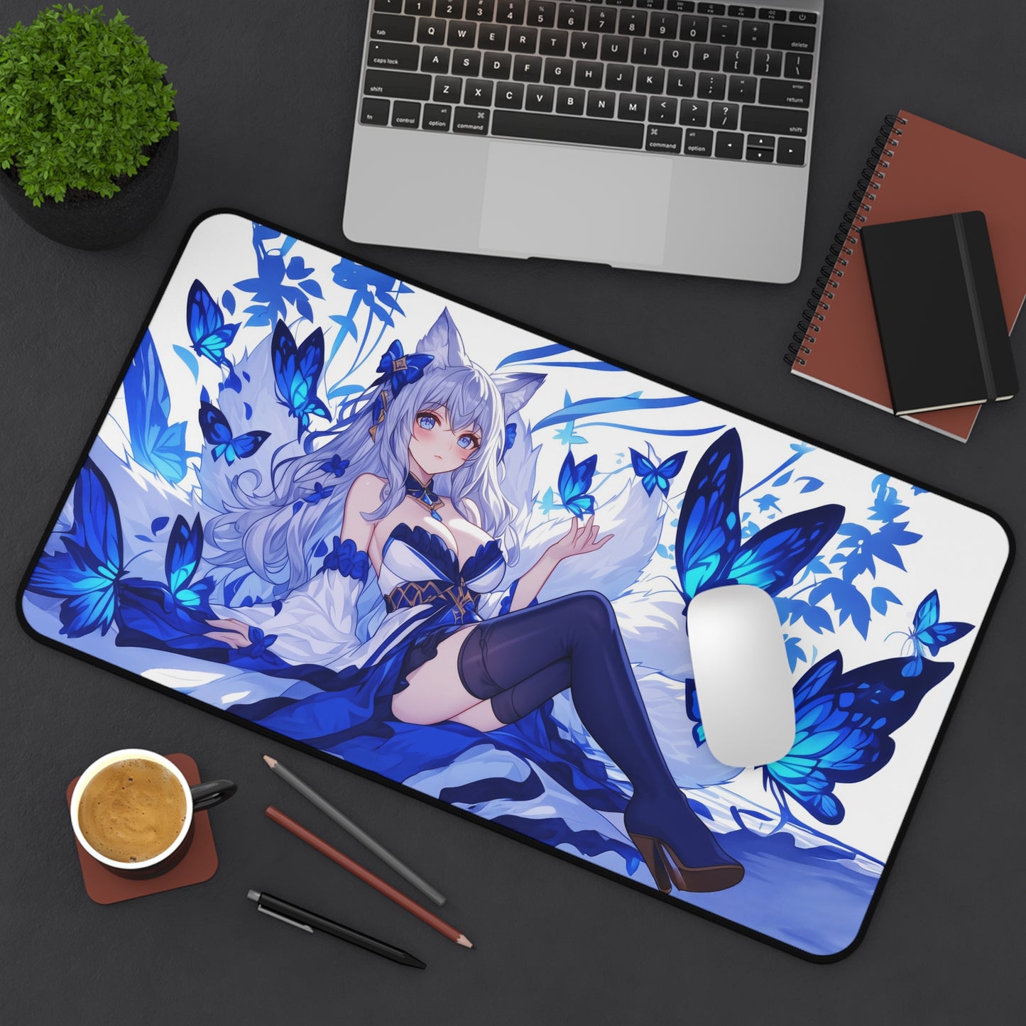 Anime Kitsune Fox Girl Mousepad, Blue Butterflies Anime Desk Mat, Extra Large Mousepad, Gaming Desk Mat, Desktop Accessory