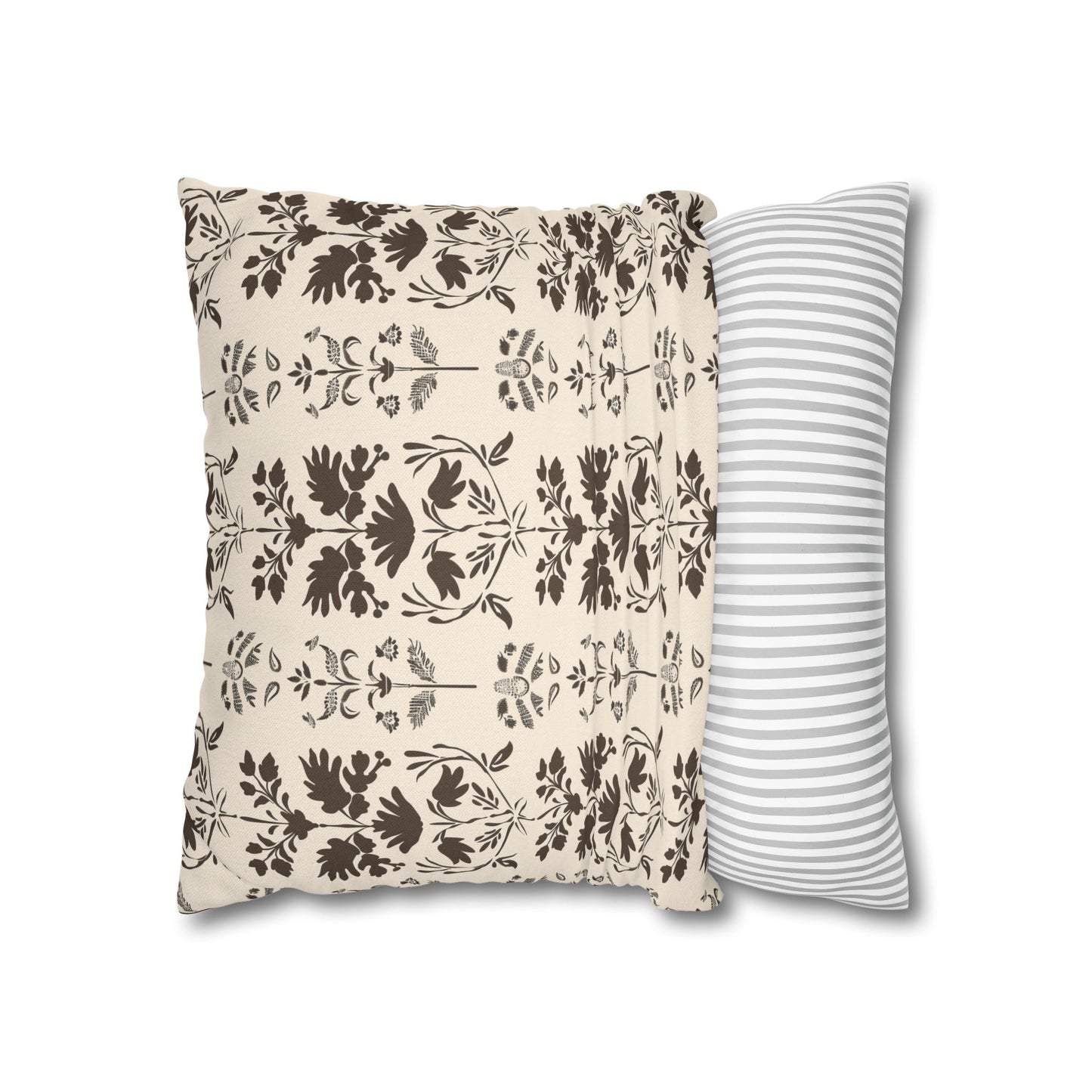 Early American Stencil-Inspired Beige and Brown Floral Pattern Spun Polyester Square Pillowcase 4 Sizes