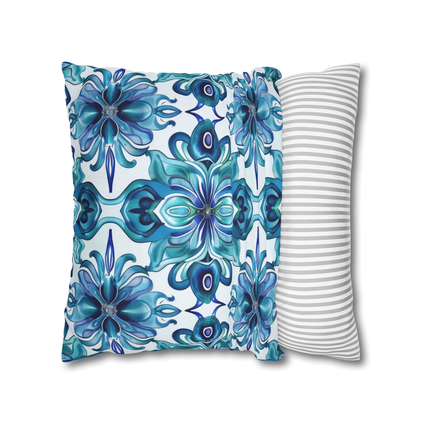 Blossom Symphony of Blue Teal Intricate Floral Pattern Spun Polyester Square Pillowcase 4 Sizes