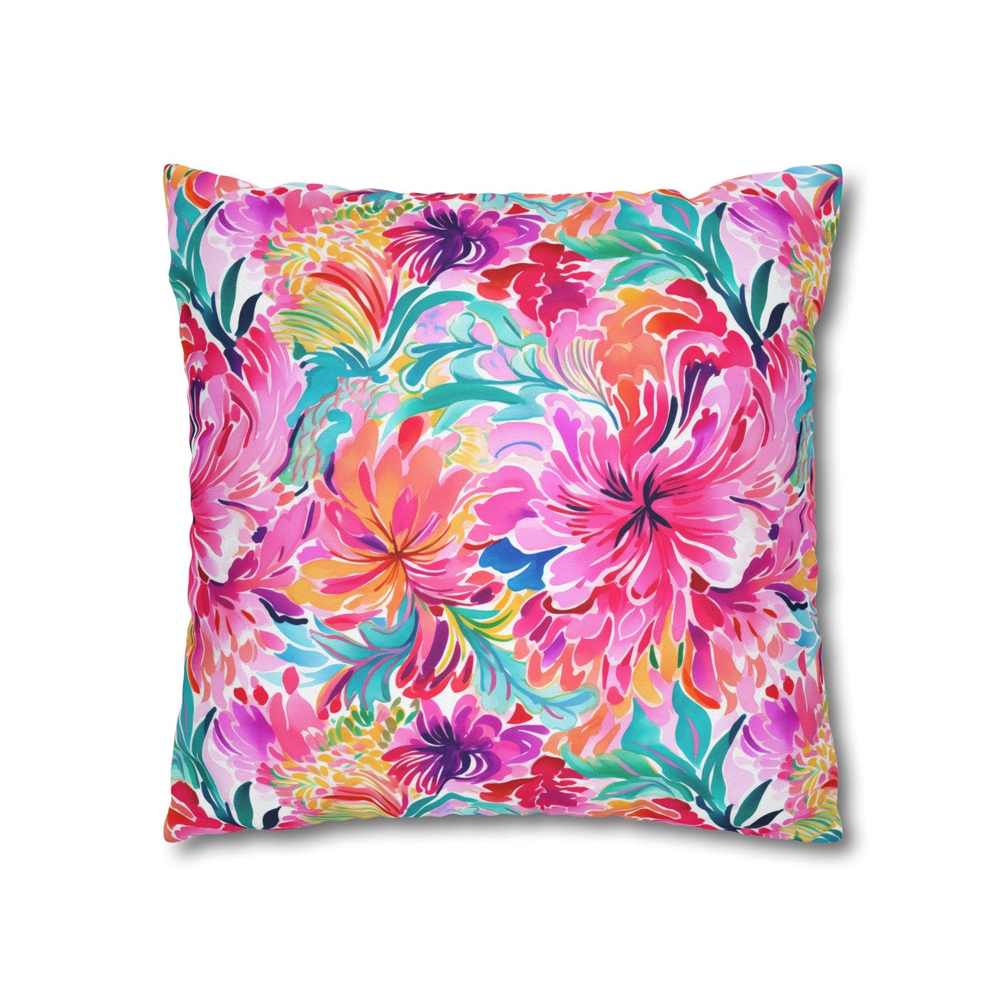 Rainbow Tropics: Watercolor Flowers in Vibrant Pink, Green and Orange Hues Spun Polyester Square Pillowcase 4 Sizes