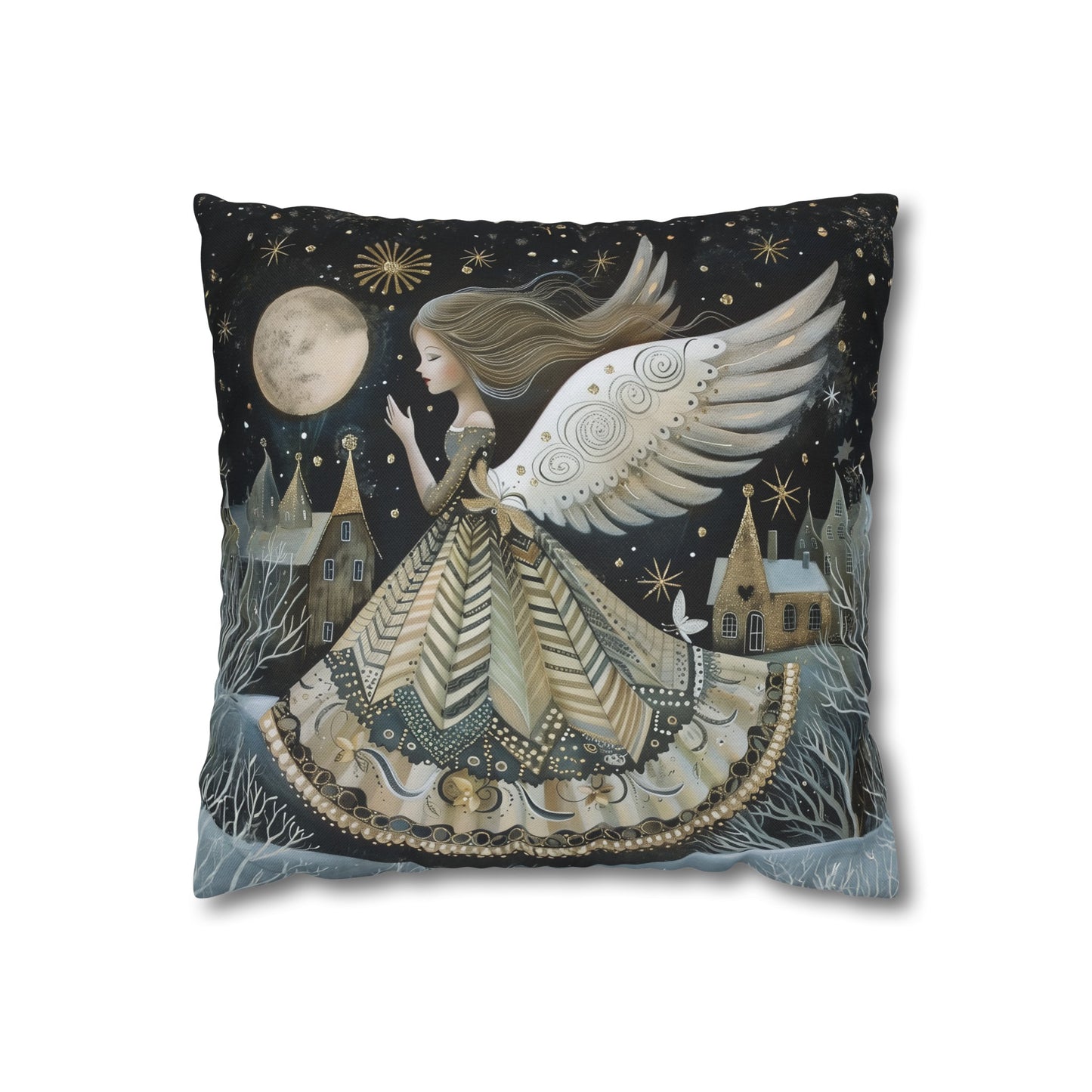 Frosty Angelic Glow: Angel Illuminated by Moonlight on a Snowy Night Spun Polyester Square Pillowcase 4 Sizes