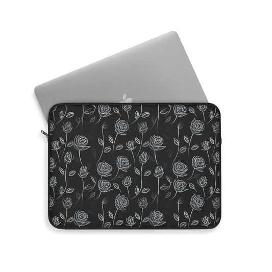 Contrasting Elegance: White Outlined Roses on a Black Background - Laptop or Ipad Protective Sleeve 3 Sizes