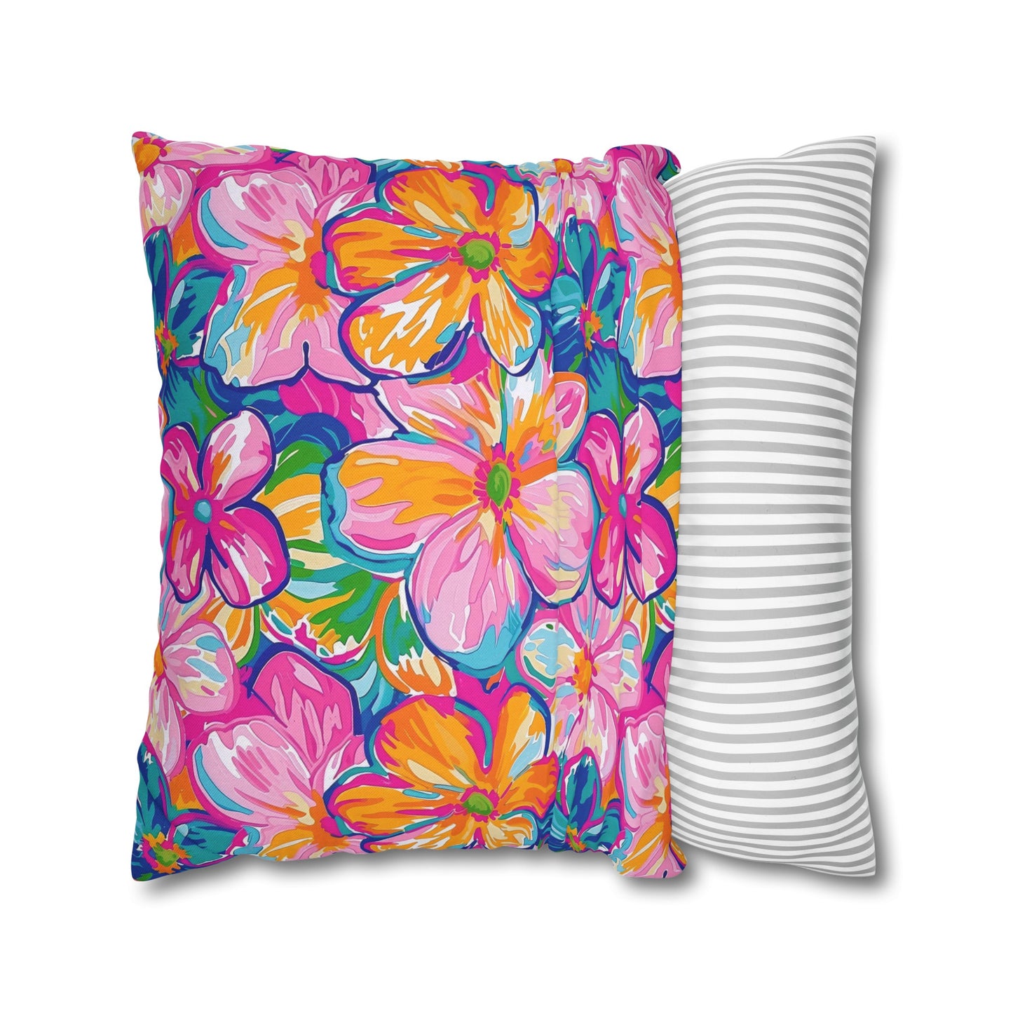 Chromatic Blossoms: Large Watercolor Flowers in Mixed Pinks, Blues, and Oranges Spun Polyester Square Pillowcase 4 Sizes