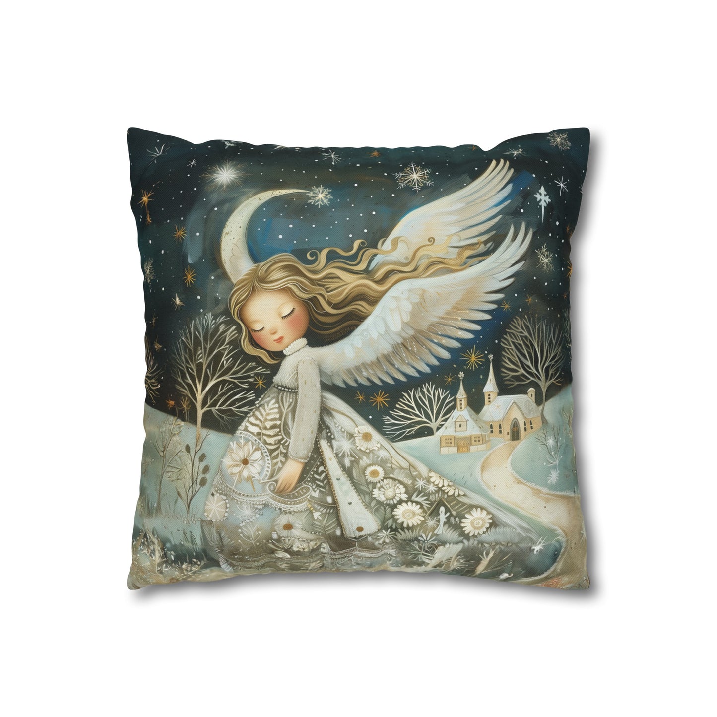 Guardian of Bloom: Young Angel in Floral Dress Amidst a Quaint Village Spun Polyester Square Pillowcase 4 Sizes