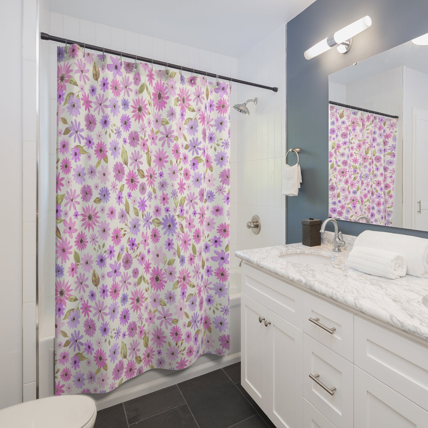 Pink and Purple Flower Design Bathroom Shower Curtain   71" × 74"