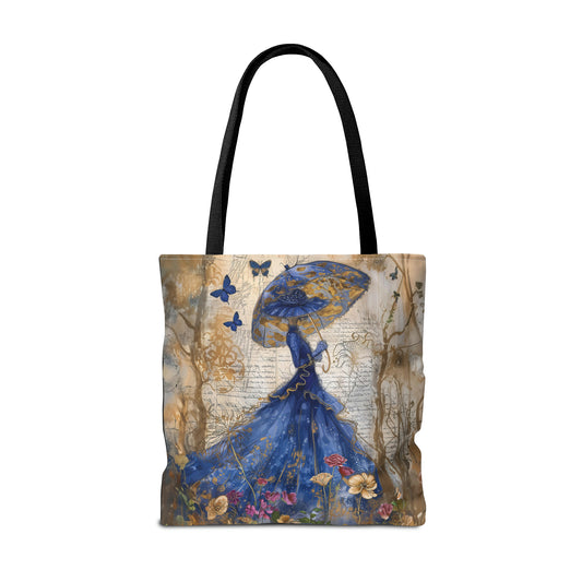 Victorian Splendor of a Women in Blue Hats & Dresses, Graced by Blue Butterflies in a Vintage Flower Garden Canvas Tote Bag - 3 Sizes