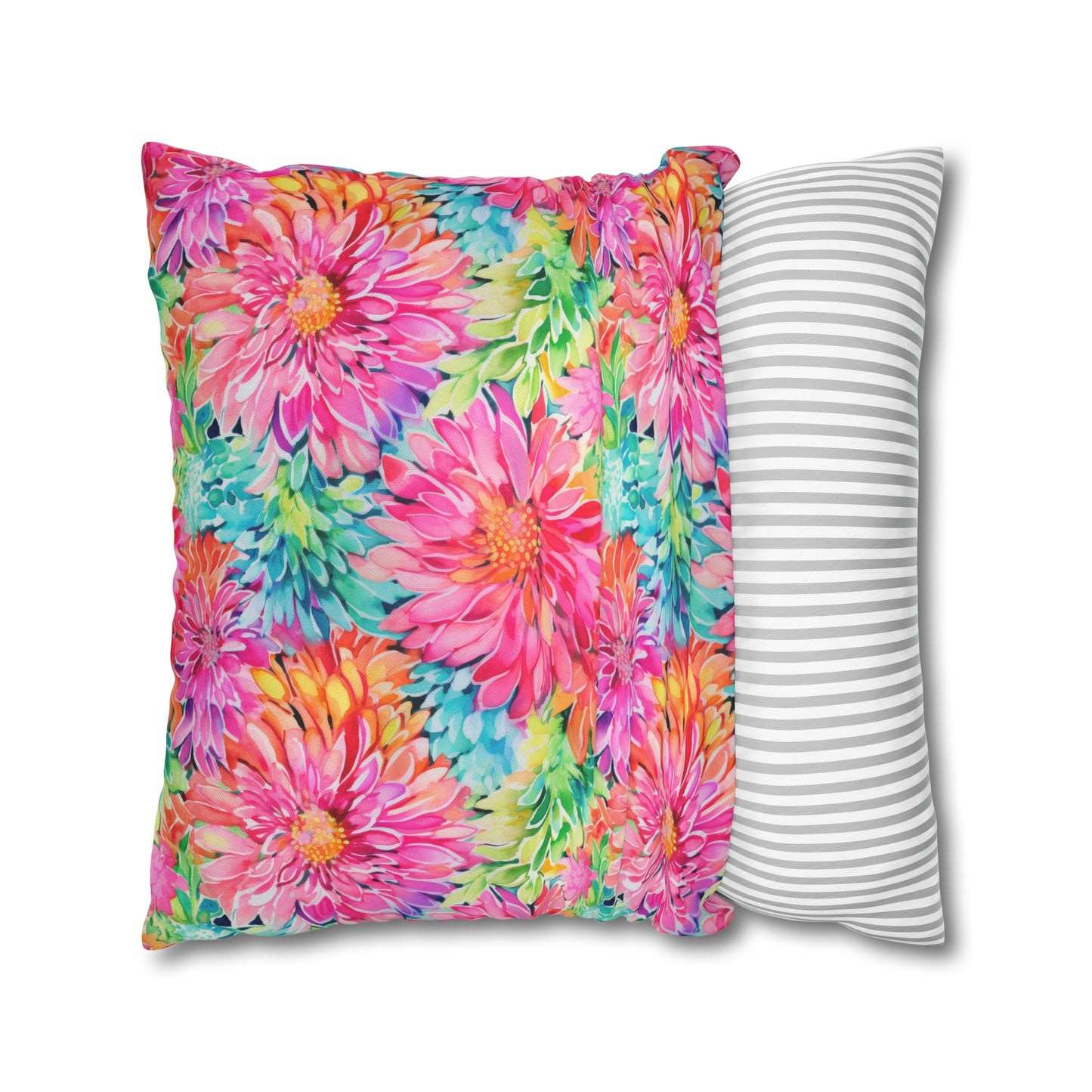 Blooming Spectrum: Large Vibrant Watercolor Flowers in Full Bloom Spun Polyester Square Pillowcase 4 Sizes