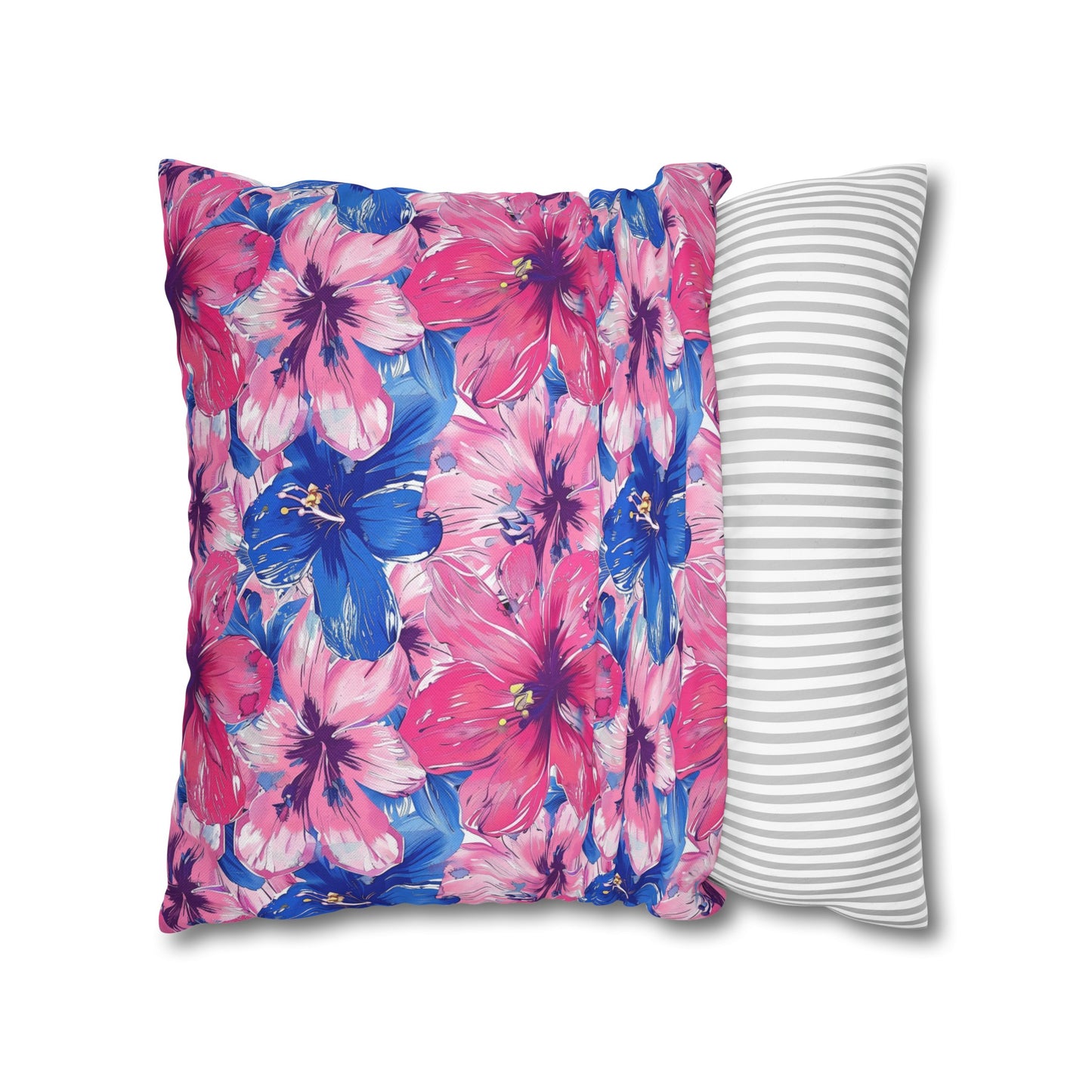 Blooming Bliss: Large Pink and Blue Blossoms in Full Bloom Spun Polyester Square Pillowcase 4 Sizes