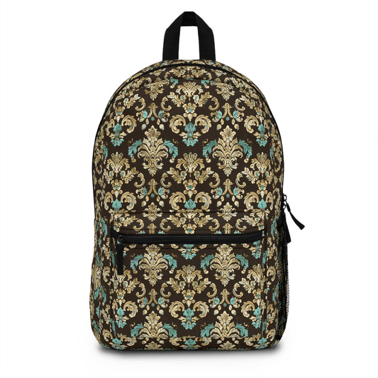 Luxurious Rococo Pattern of Ornate Brown and Teal Floral Scroll Design Lightweight Stylish Durable Backpack (Made in USA)