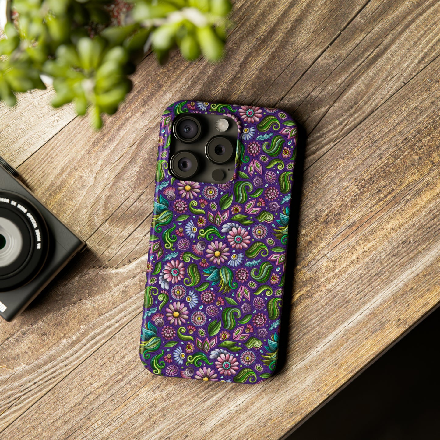 Purple & Pink Daisy Floral Print Purple Background Iphone 15-12 Slim Phone Case