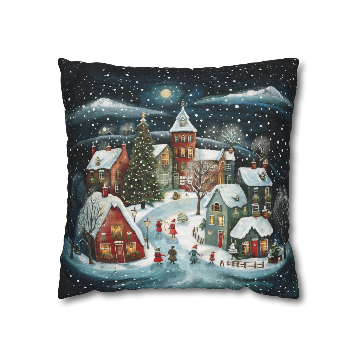 Midnight Magic: Winter Town Aglow with Christmas Decorations and Tree Spun Polyester Square Pillowcase 4 Sizes