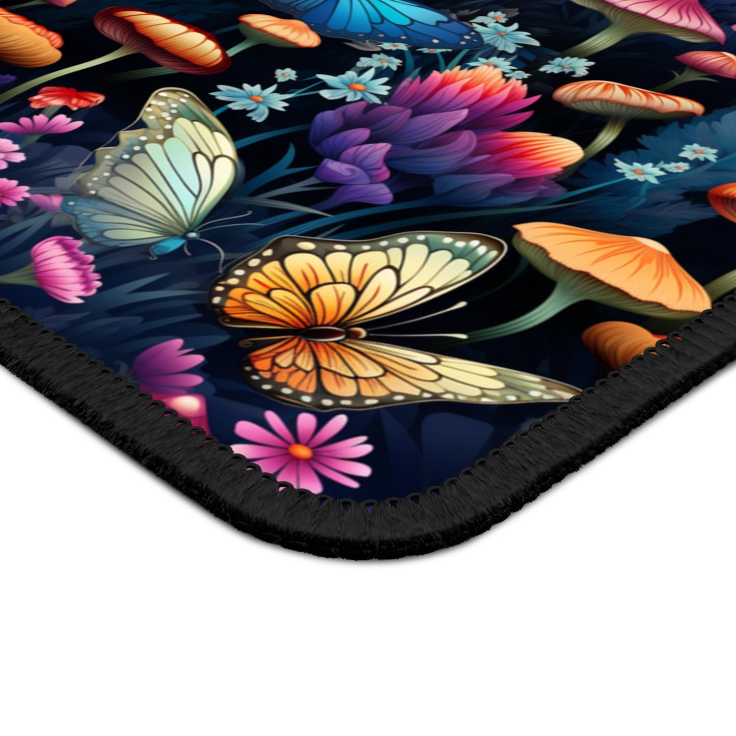 Mystical Butterflies and Mushroom Nighttime Garden Gaming Mouse Pad with Finished Edges