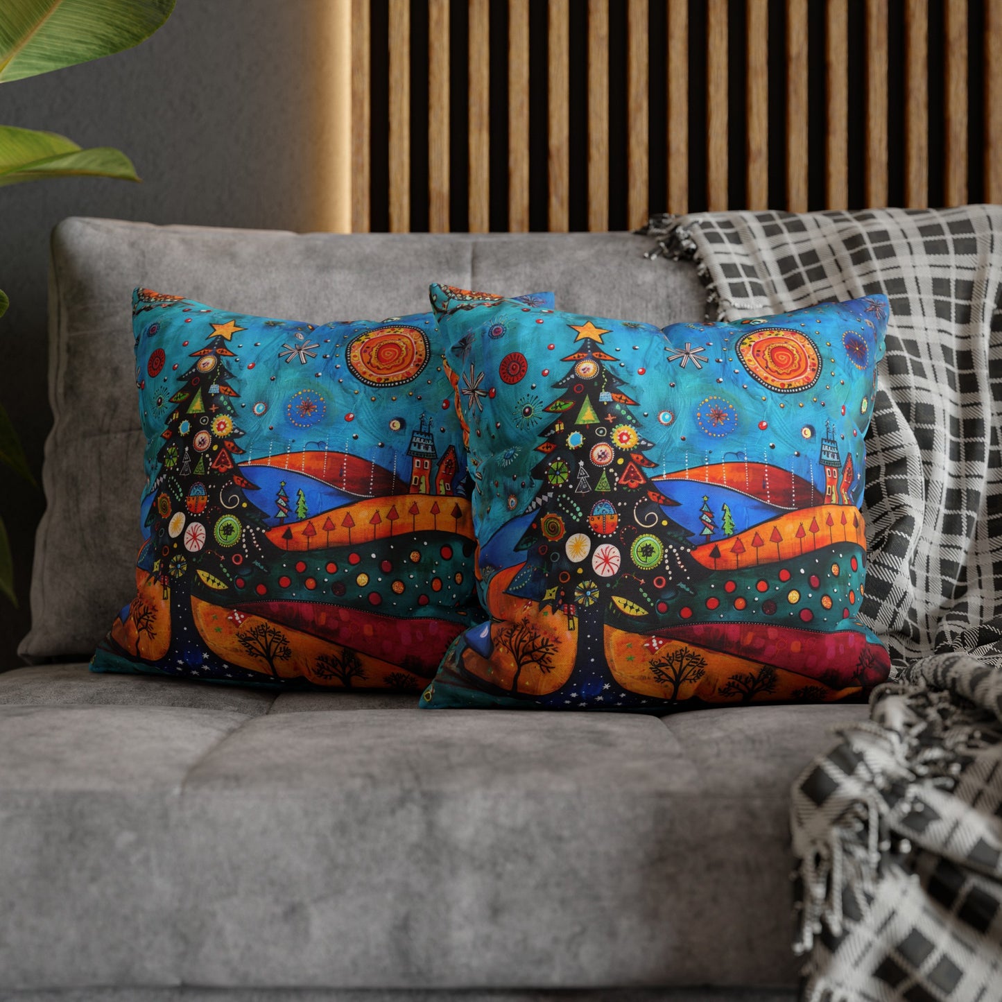 Folk Art Christmas Tree Nestled Amidst Rolling Hills Spun Polyester Square Pillowcase 4 Sizes