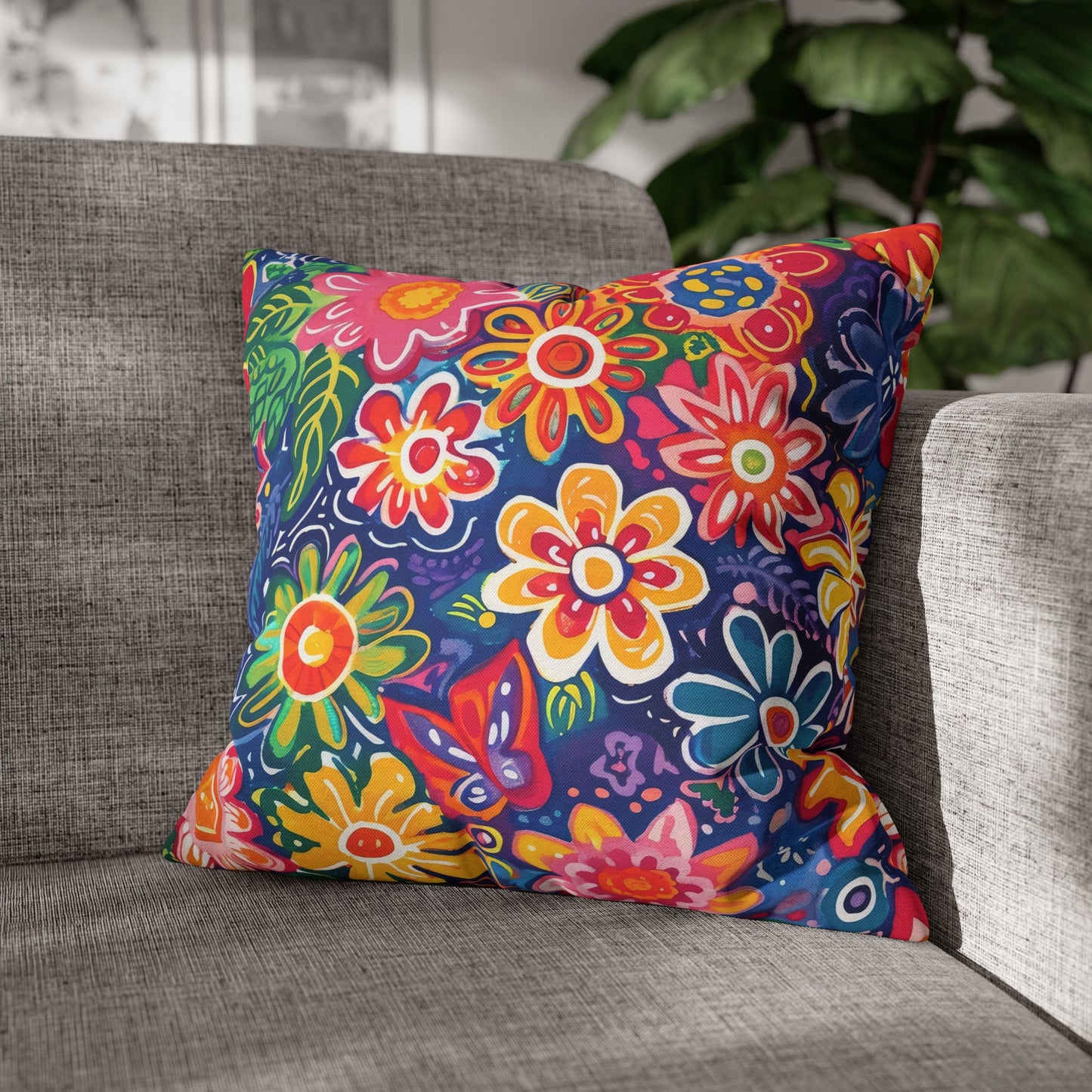 Fluttering Kaleidoscope: Vibrant Multicolor Flowers and Butterflies in Flight Spun Polyester Square Pillowcase 4 Sizes