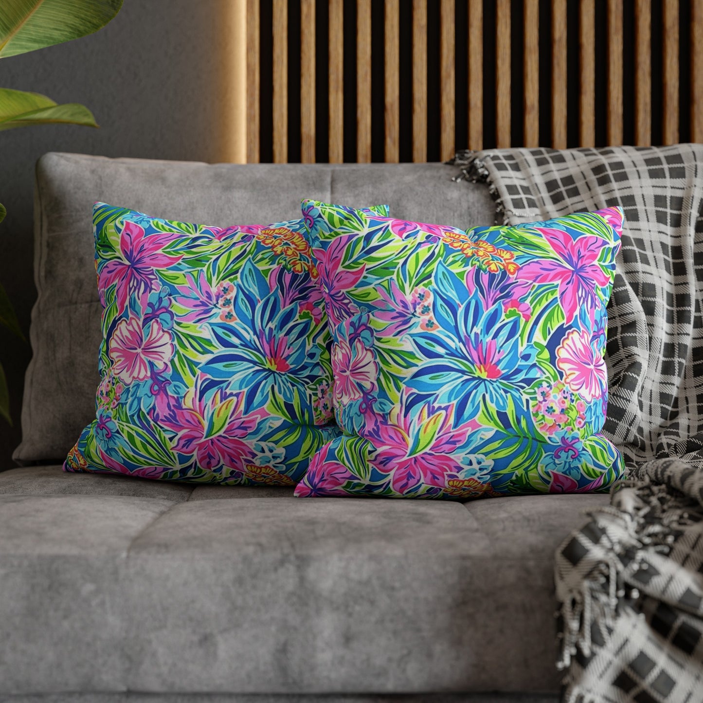 Summer Harmony: Pink and Blue Blooms with Lush Green Leaves Spun Polyester Square Pillowcase 4 Sizes