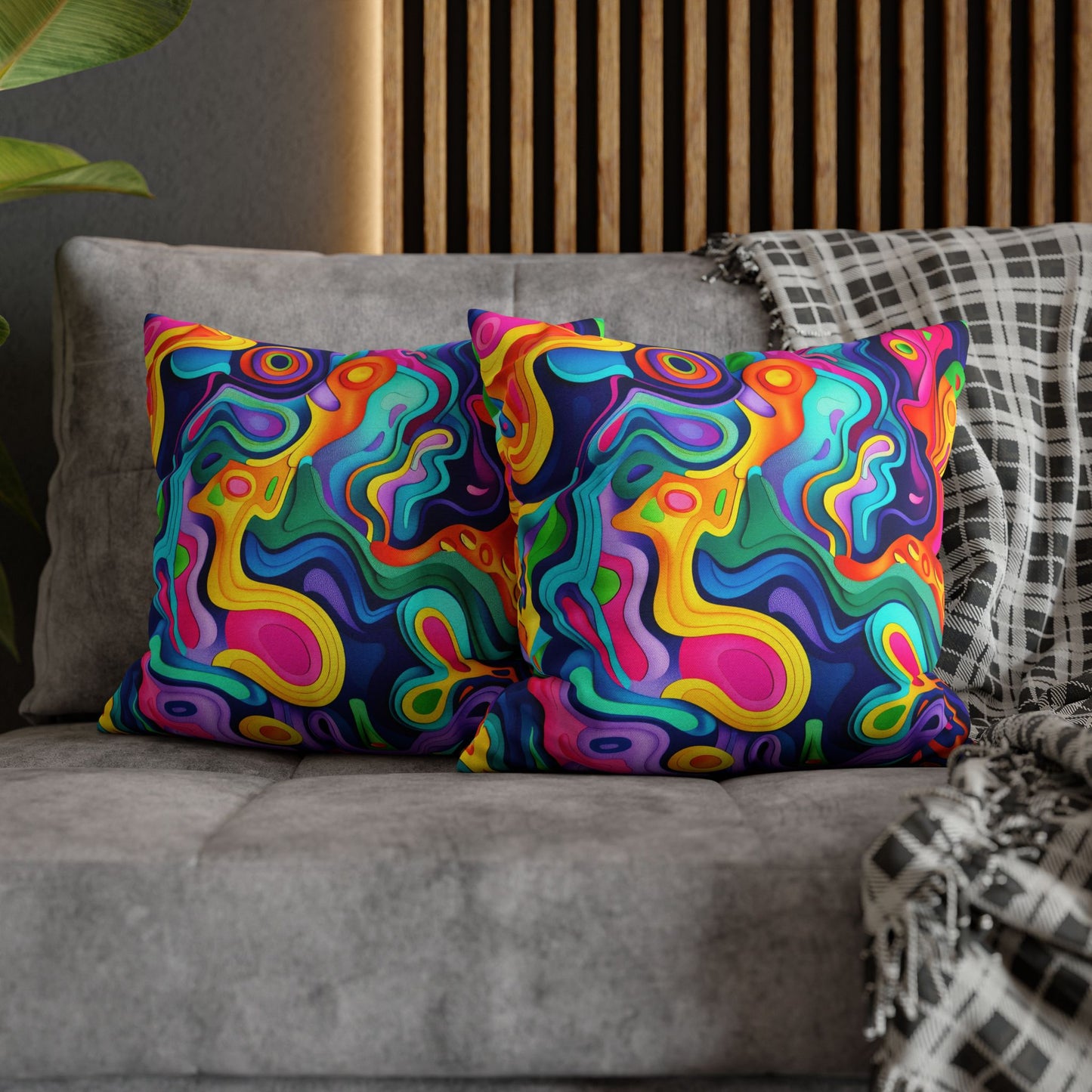 Vibrant Dreamscape of Psychedelic Paper Cut-Out Waves in Vivid Colors Polyester Square Pillowcase 4 Sizes