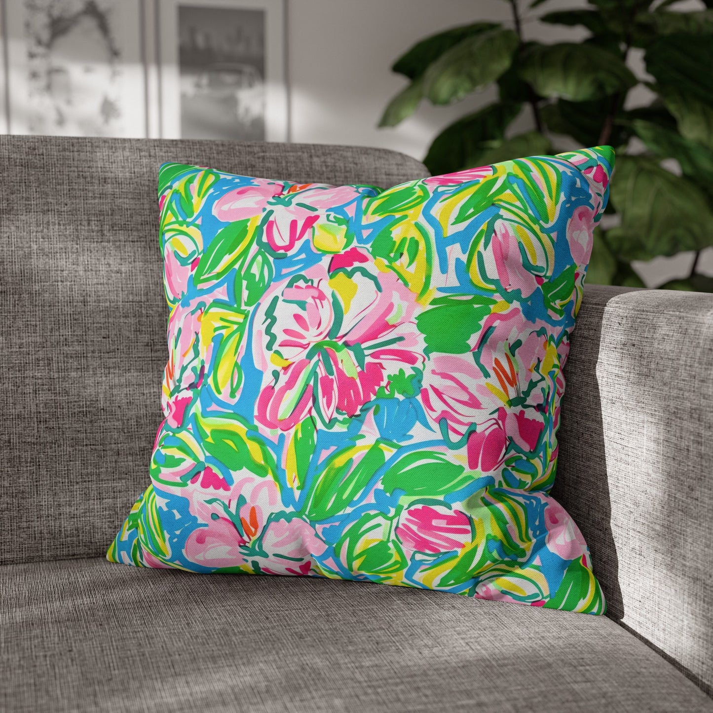 Whispering Meadows: Pink Blossoms, Lush Green Leaves, and Accents of Yellow and Blue Spun Polyester Square Pillowcase 4 Sizes