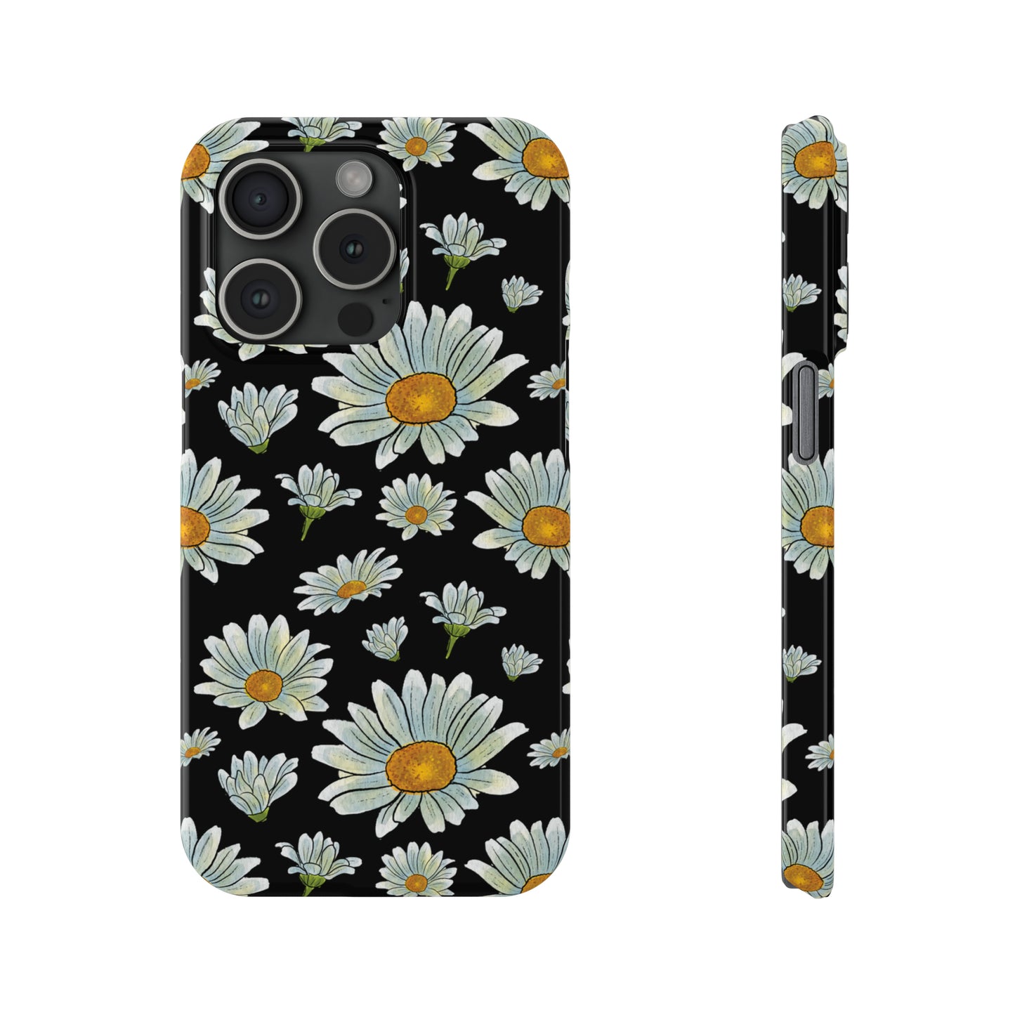 Large Watercolor Summer Daisies Blooming Against a Bold Black Background Iphone 15-12 Slim Phone Case