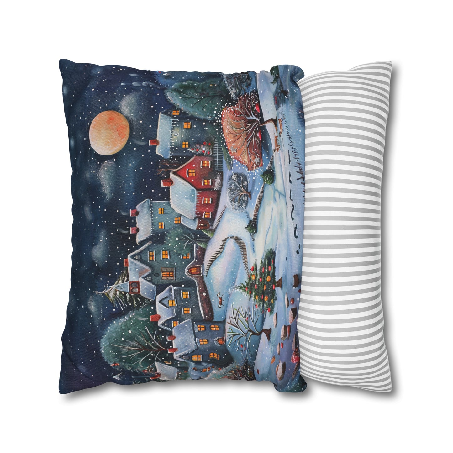 Snowy Serenade: Town at Winter Night with Reindeer Amidst the Snow  Spun Polyester Square Pillowcase 4 Sizes