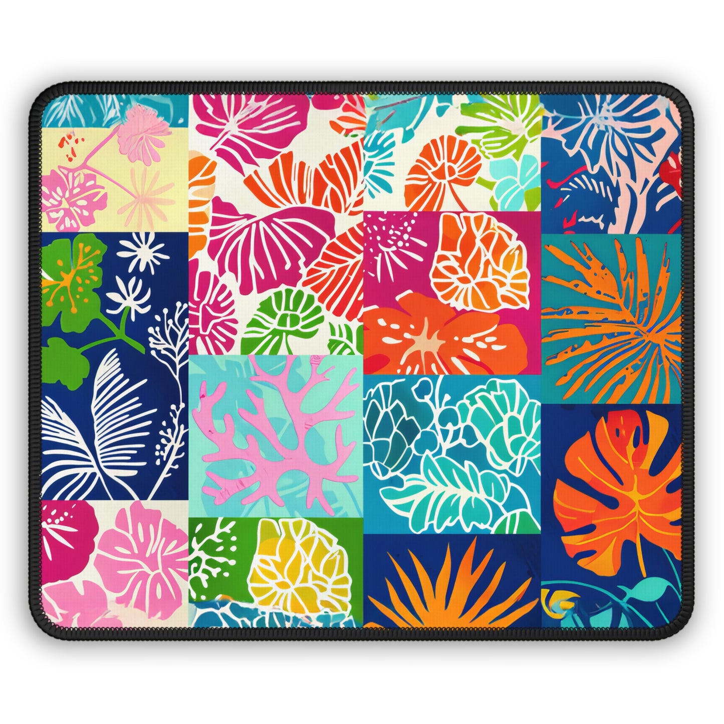 Vibrant Mosaic of Tropical Unique Shapes and Hues, from Vivid Oranges to Deep Blue Leaves and Flowers Mouse Pad with Finished Edges